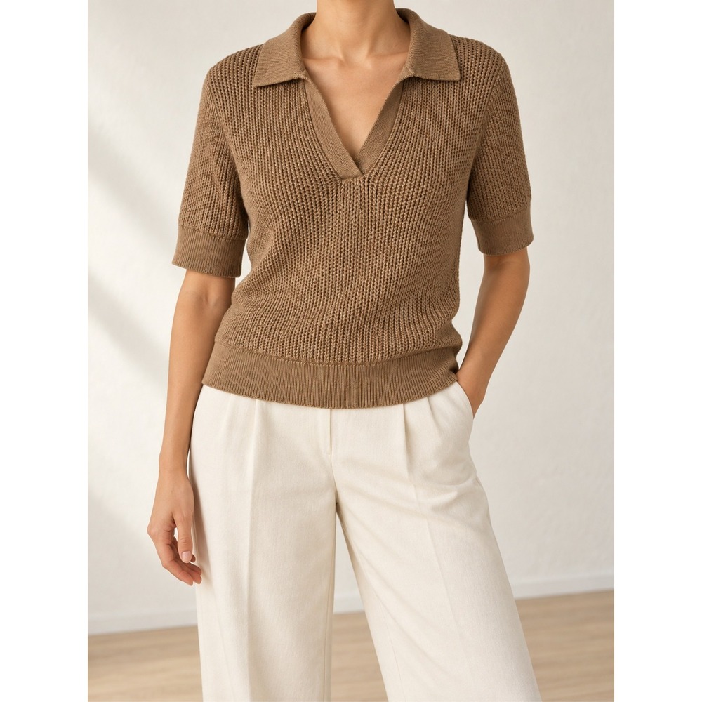 Evereve Tan Preppy Open Knit Polo Shirt Short Sleeve Pullover Brown XS
